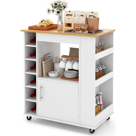 COSTWAY Carro Isla de Cocina con Toallero, Isla de Cocina sobre Ruedas con Tapa de Bambú, Estantes Ajustables para 6 Botellas de Vino, Estante para Especias para Comedor