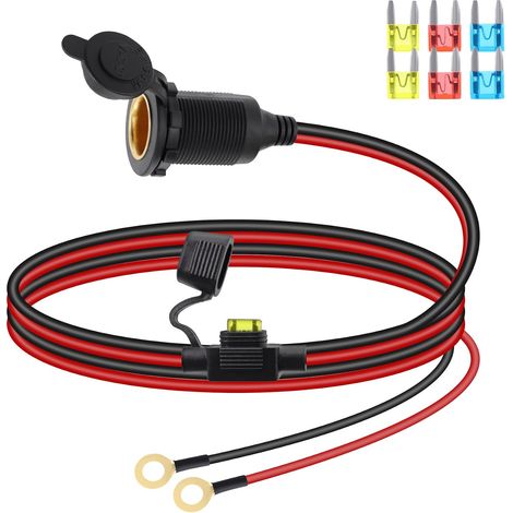 Câble de Rallonge pour Prise Allume-Cigare 12V/24V, Prise Femelle pour Allume-Cigare à Filetage Fixe vers Borne à Anneau en O, avec Couvercle étanche et Fusible 20A (1M) (1/5)