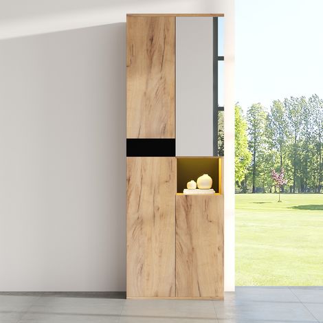 Hoher Schrank 65x35x190 cm Schwarz und Naturfarben aus Spanplatte mit Spiegel und 4 Türen (1/5)
