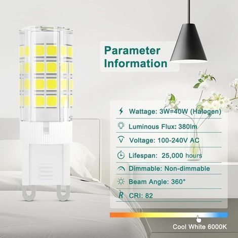 G9 3W LED-Lampe, entspricht 40W Halogenlampen, 380lm, 230V, Kaltweiß 6000K, AC100-240V, nicht dimmbar, energiesparend, Keramiksockel, Standard-G9-Fassung, 6er-Pack [Energieklasse E] (1/4)