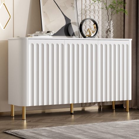 Buffet 3 Portes Blanc en MDF, Meuble de Rangement Salon avec Reliefs et Pieds Métalliques 135 x 36 x 78 cm (1/5)