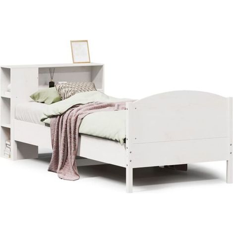 Lit bibliothèque blanc (matelas non inclus) 75 x 190 cm en pin massif (1/5)