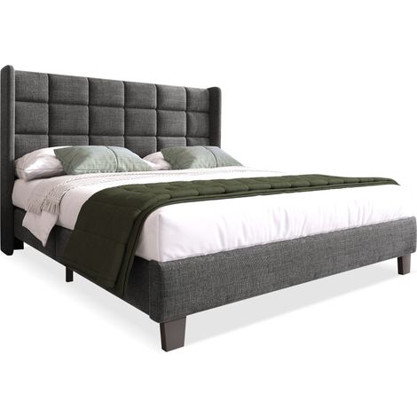 Letto Matrimoniale 140 x 200 cm, Letto Imbottito con Testiera Alta e Rete a Doghe, senza Materasso, Lino Grigio (1/5)