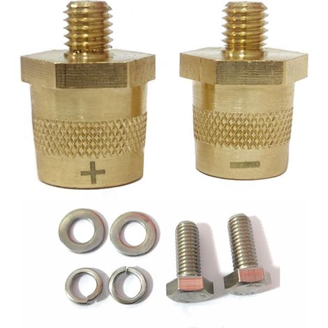 paire d'adaptateurs de pôle de batterie M8 en laiton massif avec vis en acier inoxydable et rondelles, bornes de borne de batterie, adaptateur de pôle de batterie, compatible avec voitures, (1/5)