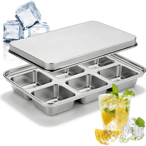 2PCS Bac à Glaçons en Acier Inoxydable, Moule à Glaçons Avec Couvercle, 6 Emplacements Grand Bacs à Glaçons Carrés, Plateau À Glaçonss En Métal Sans BPA pour Cocktails Whisky Vin Chocolat Café (1/5)