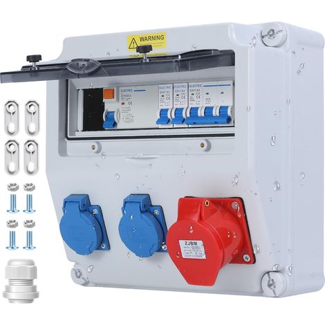 Tableau Électrique 16A, Coffret Électrique de Chantier 230V, 2x16A Schuko+ 400V CEE avec Disjoncteur et Protection FI, Boîtier étanche IP67,Coffret de Chantier-Répartiteur mural pré-câblé (1/5)