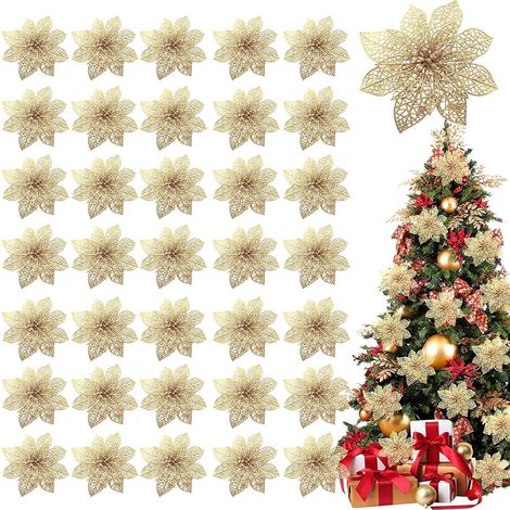 Lot de 36 Décorations Noël, Poinsettia Pailleté 10cm, Fleur Artificielle Soie, Pour Couronne Guirlande Sapin (1/5)