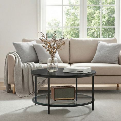 Table basse ronde avec étagère en verre trempé, table de salon, montage facile, style moderne, salon, noir (1/5)