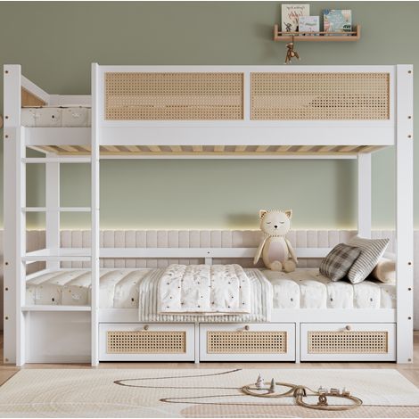 Letto a castello per bambini bianco+naturale 90x200 cm in legno massello e MDF, con 3 cassetti, scala e barriere di sicurezza (1/5)