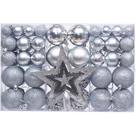 101er-Pack Christbaumschmuck – Glitzerstern und 100 Kugeln mit Verpackung – Weihnachtsdekoration für drinnen und draußen – Klimmzugstangen aus Kunststoff – Silber – Größe (1/4)