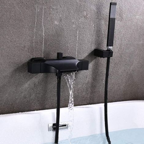 Robinet de baignoire mural à effet cascade, mélangeur pour baignoire avec douche à main, robinet mural avec tête de douche cascade, chaud & froid (Noir) (1/4)