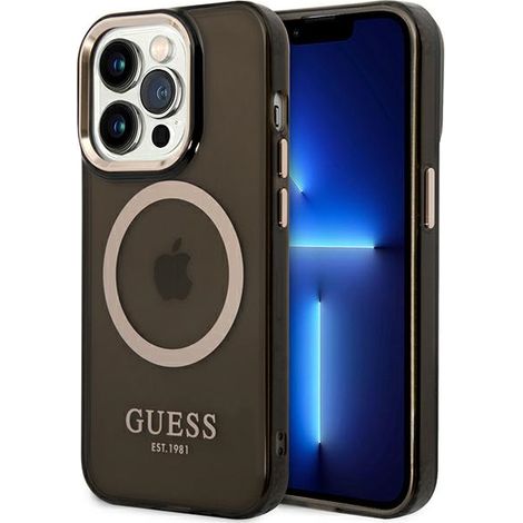 Guess GUHMP14LHTCMK iPhone 14 Pro 6,1 Zoll schwarze/schwarze Hartschalen-Schutzhülle mit Goldumrandung und transparentem MagSafe-Anschluss (1/5)