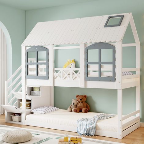 Litera infantil 90/200 cm blanca y gris de pino y MDF con techo, ventanas y escalera con almacenaje (1/5)