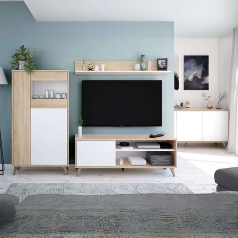 Pack Muebles de salón Kikua Plus Estilo nórdico Roble y Blanco artik (Mesa TV + Estante + Vitrina + aparador) (1/5)