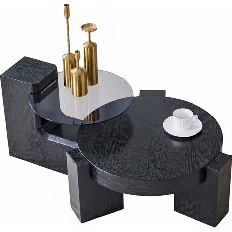 ELVMI Satztische Couchtisch mit 2 Ebenen, Trennbares Design, für Wohnzimmer, aus MDF und Glas, Schwarz (1/5)