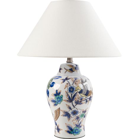 Lámpara de mesa elegante con base de porcelana con diseño floral pantalla de campana de lino iluminación blanco y azul Moraca