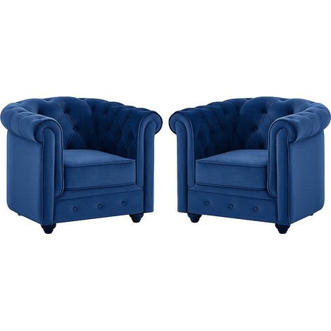 Vente-Unique – Lot de 2 fauteuils Chesterfield en velours bleu roi – Dossier capitonné – Assise déhoussable – Dimensions 85x78x72cm