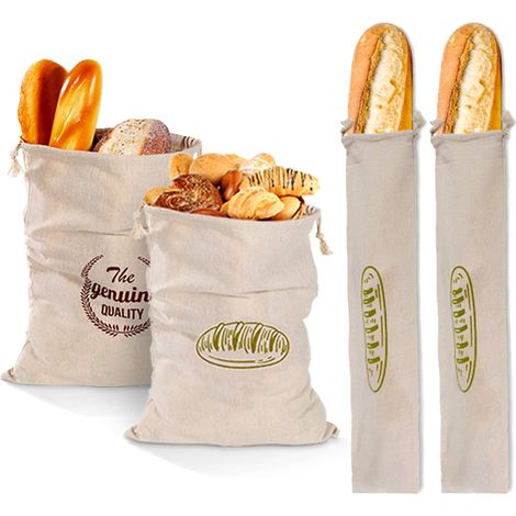 Sac À Pain En Lin - Respirant Réutilisable Pour Conservation Du Pain - Idéal Pour Baguette Et Pains Artisanaux - Lot De 4 (1/5)