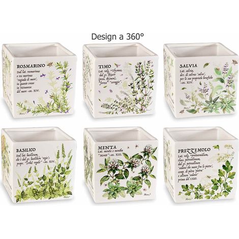 Vasi quadrati in ceramica con decori e scritte piantine aromatiche, set da 6 pezzi, cm 14 x 14 x 14 H