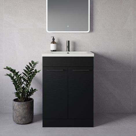 Napoli 460 Nero Oak 600mm 2 Door Vanity Unit with Glide Basin - 600mm - Gunmetal Grey 160mm Handle