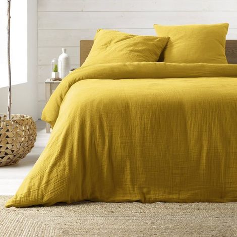 Housse de couette - Gaze de Coton - Jaune - 220x240 cm - 2 Taies 63x63 cm - Tissu Respirant