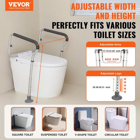 Cadre Toilette Sécurisé Largeur et Hauteur Réglables Barre d'Appui pour WC avec Accoudoirs en Alliage d'Aluminium Charge 136 kg Deux Pieds Ventouses pour Handicapés Enceintes Personnes Âgées (1/5)