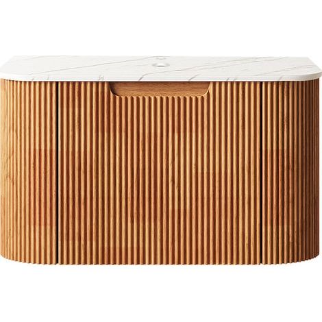 Lavabo de salle de bain suspendu de 61 cm, plateau en blanc Carrara, meuble en contreplaqué à bandes avec bord arrondi (avec tiroirs), sans cuvette, pré-assemblé, motif bois naturel (1/5)