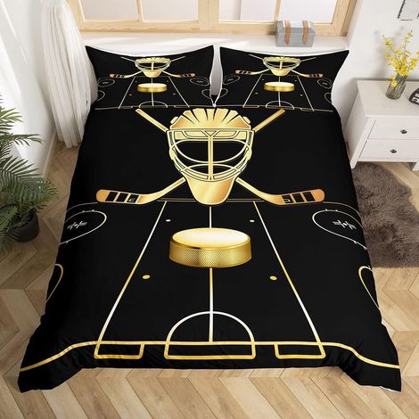 Hockey sur Glace Parure de Lit 140x200cm Hiver Sports Thème Housse de Couette Doré Noir Hockey Punk Jeux Sets de Housse de Couette Athlete Concurrentielle Parure Housse de Couette - 140 x 200 cm (1/5)