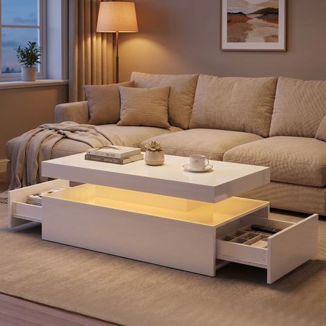 Table basse LED avec rangement, table de salon moderne à 2 niveaux avec 2 tiroirs, blanc brillant, meuble TV pratique (1/5)