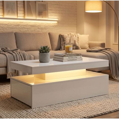 Mesa de centro con LED RGB (100x50x40 cm), 2 cajones ocultos, efecto brillo, madera, blanco brillo (1/5)