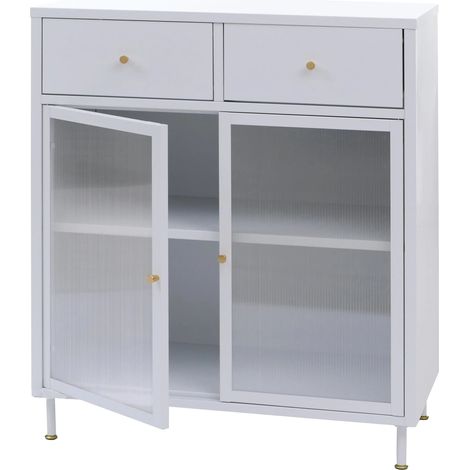 Commode industrielle en métal blanc avec portes en verre strié 2 tiroirs et étagère réglable 96x80x40 cm 040008875