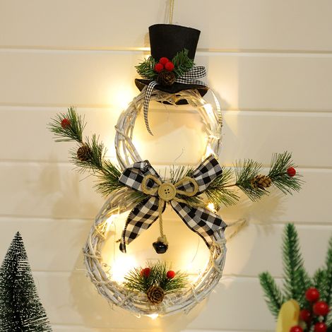 Weihnachtskranz, Türdeko, Anhänger, Weihnachtsdeko für draußen, Tannengirlande, Dekoration für Ihre Tür, Wand oder Fenster, Wandkamin, Rattan + LED-Lampe + Sackleinen, schwarz-weiß kariert