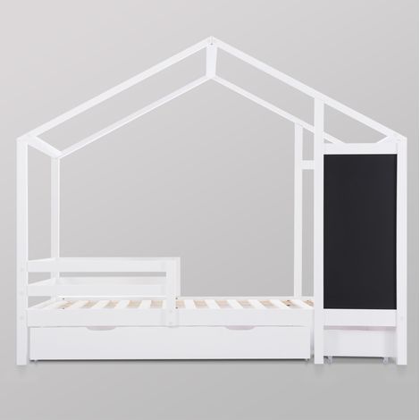 Kinder-Hausbett 90 x 200 cm mit Kreidetafel, 2 Schubladen, Rausfallschutz und Lattenrost, weiß (1/5)