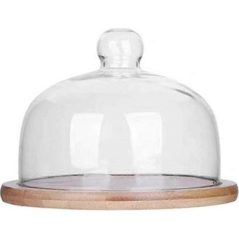 ensemble cloche à gâteau en verre et assiette en bois avec couvercle anti-poussière-12x12cm (1/3)