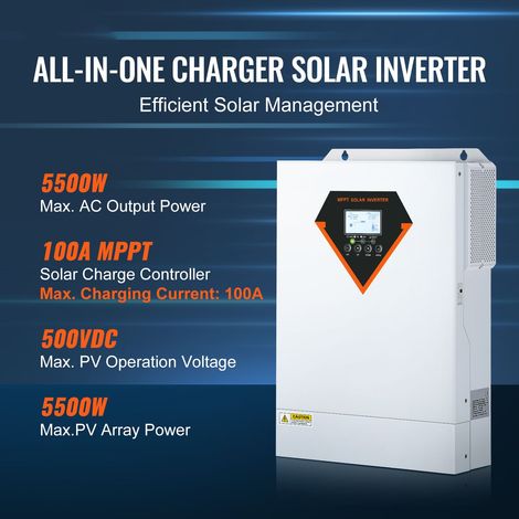 Onduleur solaire hybride 5500W, onduleur pur sinus hors réseau 230V tout-en-un avec contrôleur MPPT 100A, charge solaire secteur hybride (1/5)