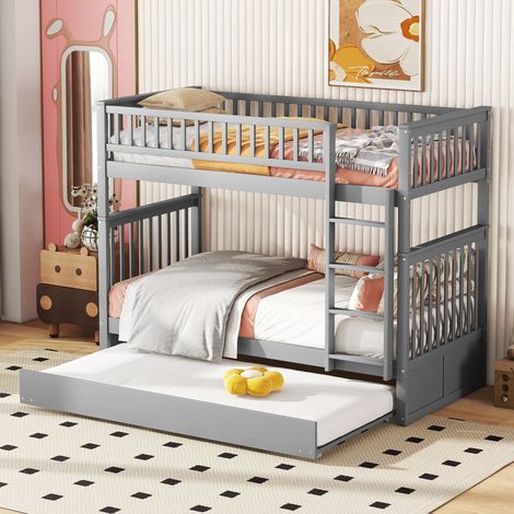 Litera triple 160/95/205 cm gris de pino y MDF con cama nido extraíble (1/5)