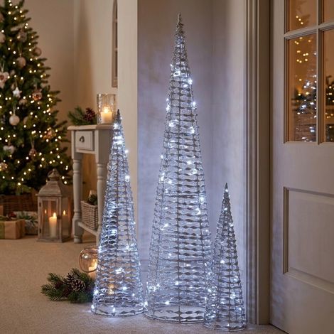 Set of 3 GlitterTwist Silver LED Light Tree (1/2)