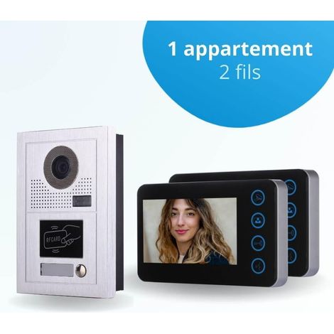 Portier interphone vidéo MODERN 2 Fils - 1 appartement - 2 écrans noirs - avec lecteur de badge