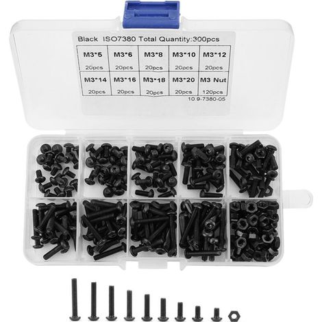 Kit d'assortiment de 300 vis, boulons et écrous à tête bouton hexagonale creuse M3 noirs, classe 10.9