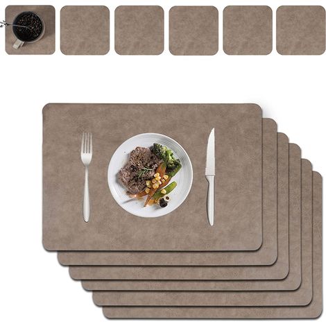 Lot de 6 sets de table, dessous-de-plat, lavables, en cuir, double, épais, 45 x 30 cm, pour la maison, la cuisine, le restaurant et l'hôtel, motif de cuir de vachette et marron léger (1/5)