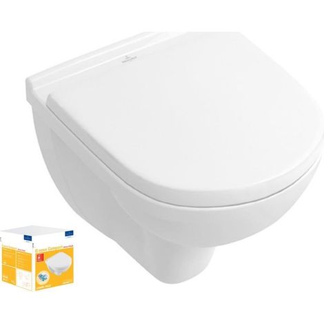 Villeroy & Boch – Cuvette WC suspendu compact sans bride – Abattant frein de chute – Céramique sanitaire – Technologie DirectFlush – Sortie horizontale (1/6)