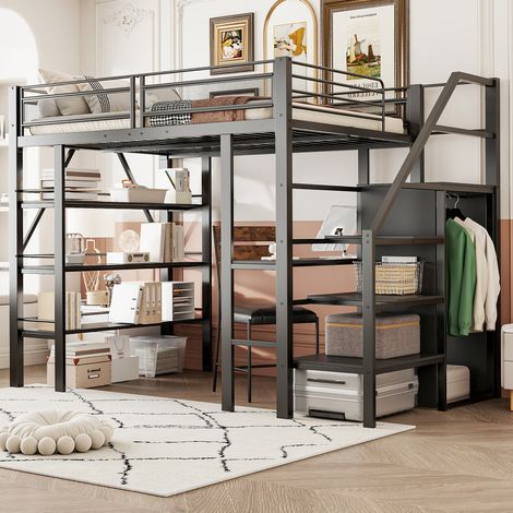 Lit mezzanine moderne 140x200 cm métal noir avec bureau, armoire, escalier de sécurité et étagère 3 niveaux (1/5)