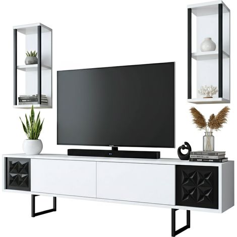 Dmora - Mueble de televisión Dmiggian, Aparador de salón, Mueble bajo para TV, Base de pared equipada, 180x30h48 cm, Blanco y Negro