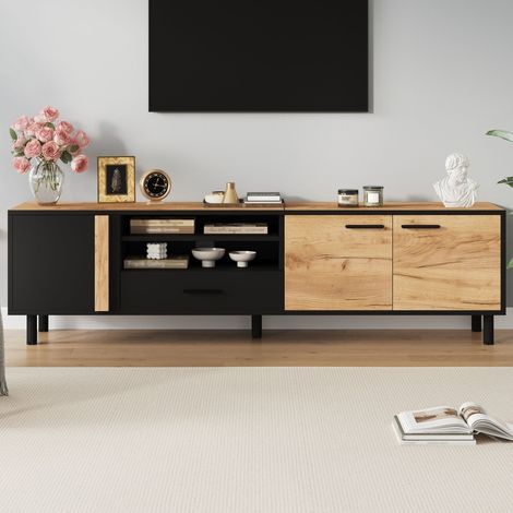 Meuble TV 180x50cm - Design Bois Naturel et Noir - 3 Placards - 1 Tiroir - Étagère Ouverte - 5 Pieds - Capacité 40kg - Pour Écran Jusqu'à 80 Pouces - Noir et Bois (1/5)