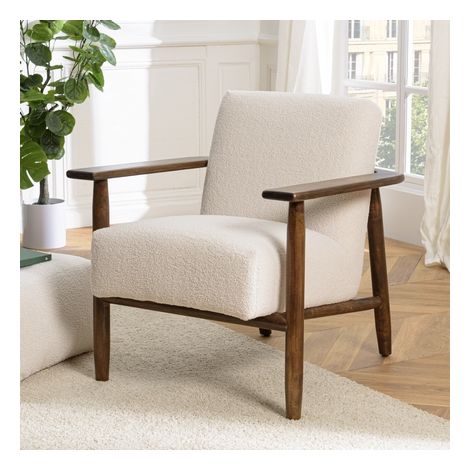 GASTON - Fauteuil tissu bouclette blanc structure en bois