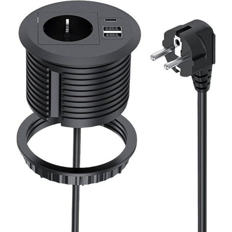 Prise Encastrable USB-C PD20W - 1 Prise Secteur + 2 Ports USB - Câble Réseau 1,7 M - Pour Trou De Table 80 Mm - Noir (1/5)