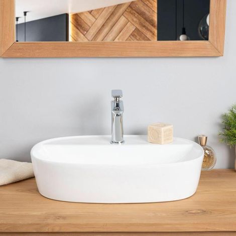 Wanda Collection – Vasque à poser en céramique blanche 50cm – Forme ovale – Largeur 38cm – Hauteur 12cm – Plage de robinetterie intégrée