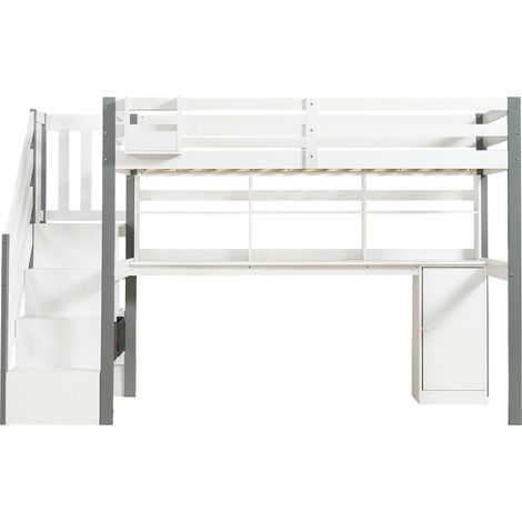 Lit mi-hauteur 90x200 cm avec bureau, rangements et escalier, bois, MDF, blanc et gris (1/5)