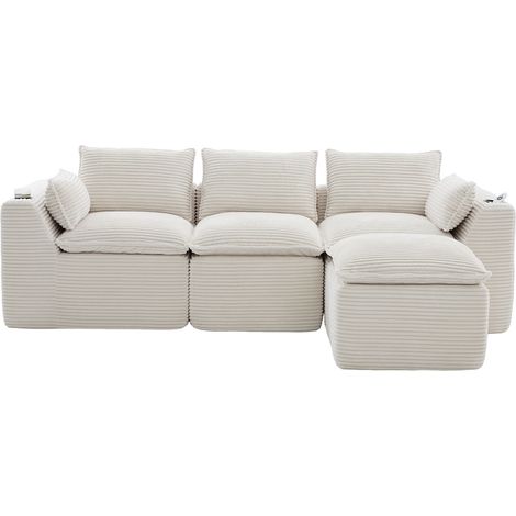 Canapé modulable 3 places en velours côtelé beige avec repose-pieds, rangements latéraux et coussins (1/5)