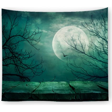 Tissu de fond photo Halloween  150 x 130 cm  Planche en bois d'arbres nus de pleine lune  Décoration sur le thème de la fête d'Halloween (1/5)